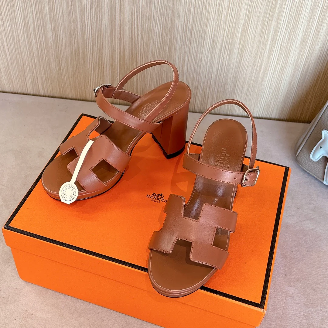 Модные сандалии Hermes 2024 из натуральной кожи - кофейно-коричневый