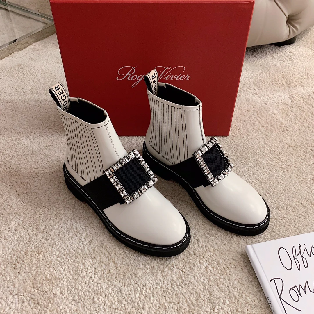 Ботильоны RV Shoes - 22ss - с пряжкой и стразами - в стиле Оуян Наны - белые