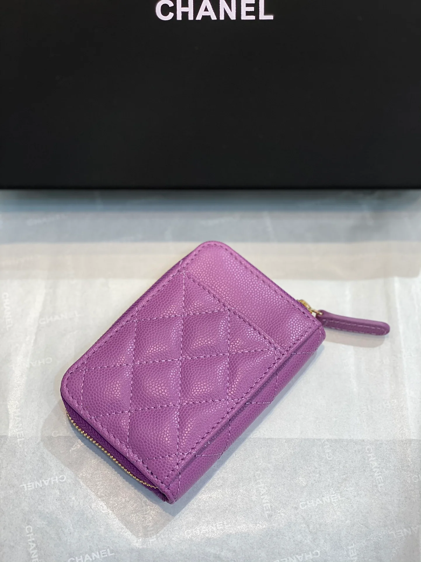 Chanel-菱格纹拉链卡包钱包 粉紫色