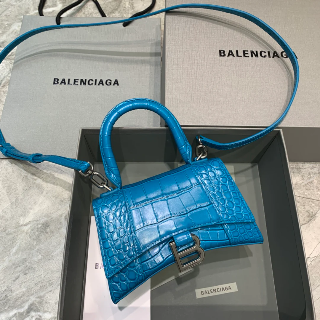 Сумка Balenciaga Hourglass, размер XS, бирюзовый цвет, с крокодиловым узором