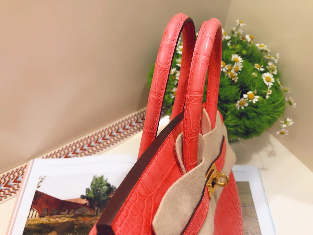 Hermes-birkin-25-American crocodile-a5-mat-croco-handle-red azalea-gold buckle