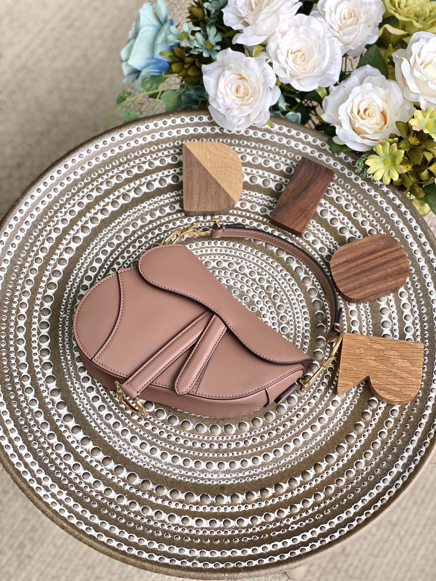 Сумка Dior Saddle Bag - с принтом пальм - Маленький размер - Пыльно-розовый - 19 см - 5 см