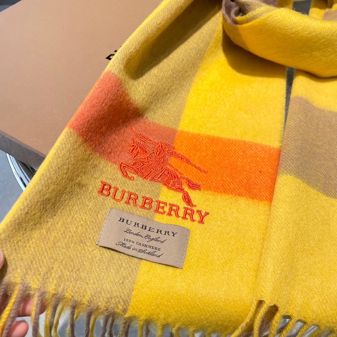 Классический кашемировый клетчатый шарф Burberry с узором ?водная рябь? — 32 см (180 см) — чистый кашемир — желтый