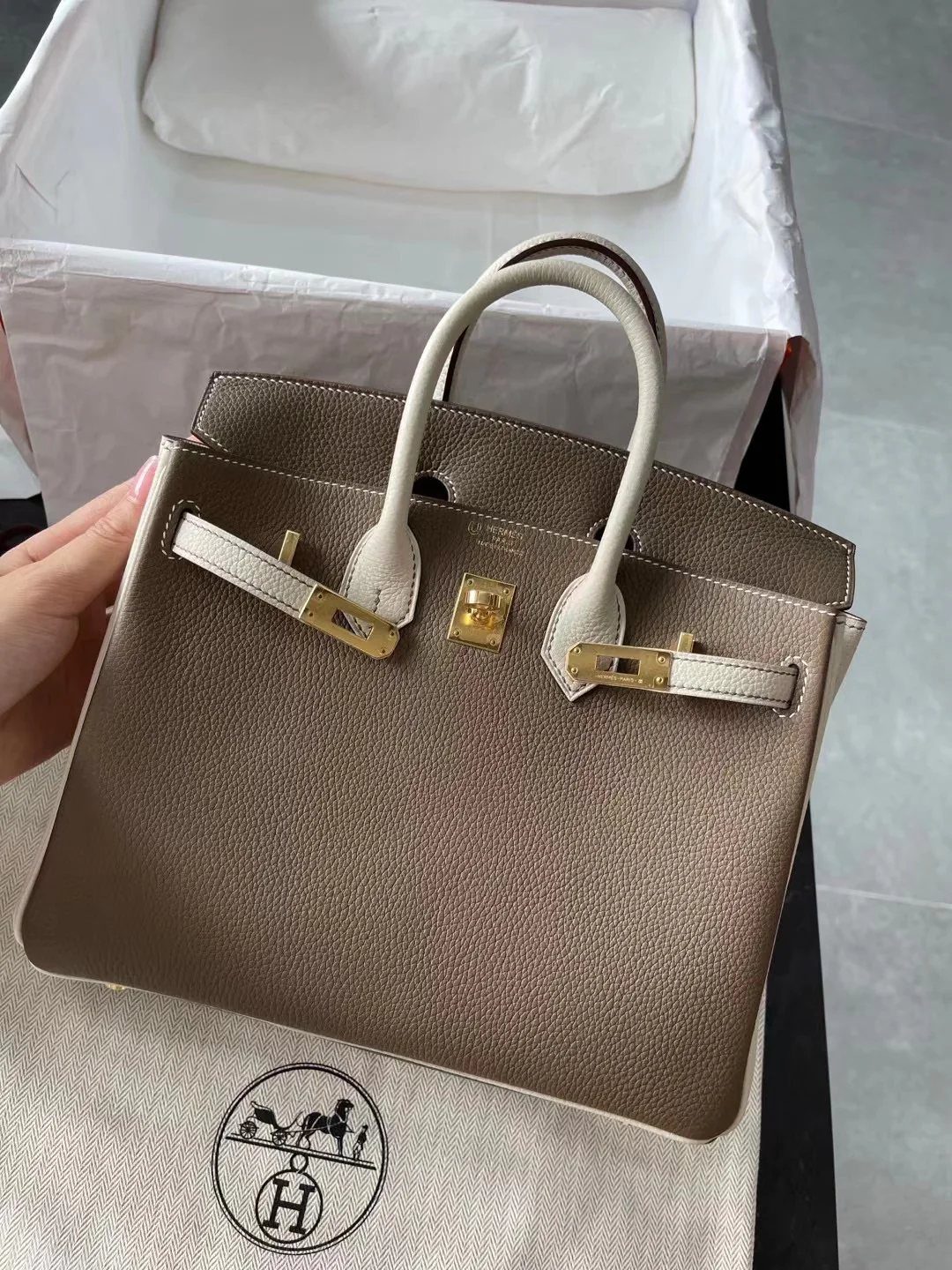 Сумка Hermes Birkin 25 Togo — цвет ?слоновая кожа? с отделкой ?белый молочный коктейль? — золотая фурнитура — гравировка в виде буквы U.