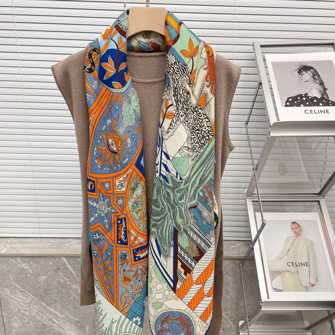 Большой двусторонний шарф Hermes - 140 см - 30 - Шелк 70 - Шерсть - 2