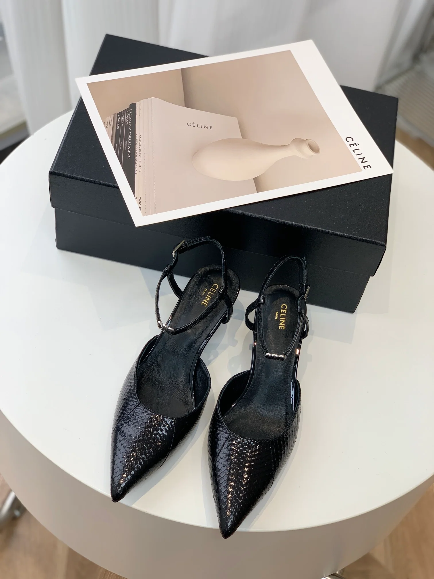 Новинка сезона весна/лето 2023 от Celine - Босоножки на низком каблуке с острым носком - Черные