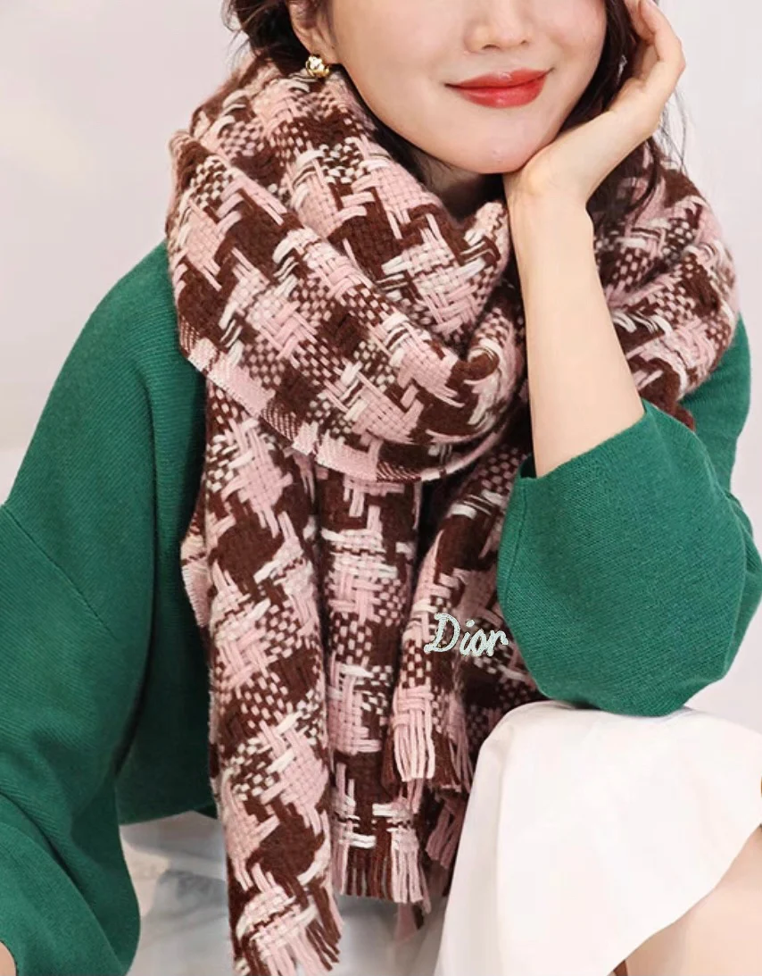 Кашемировый шарф Dior в клетку ?гусиная лапка? - 45 см - 186 см - розовый