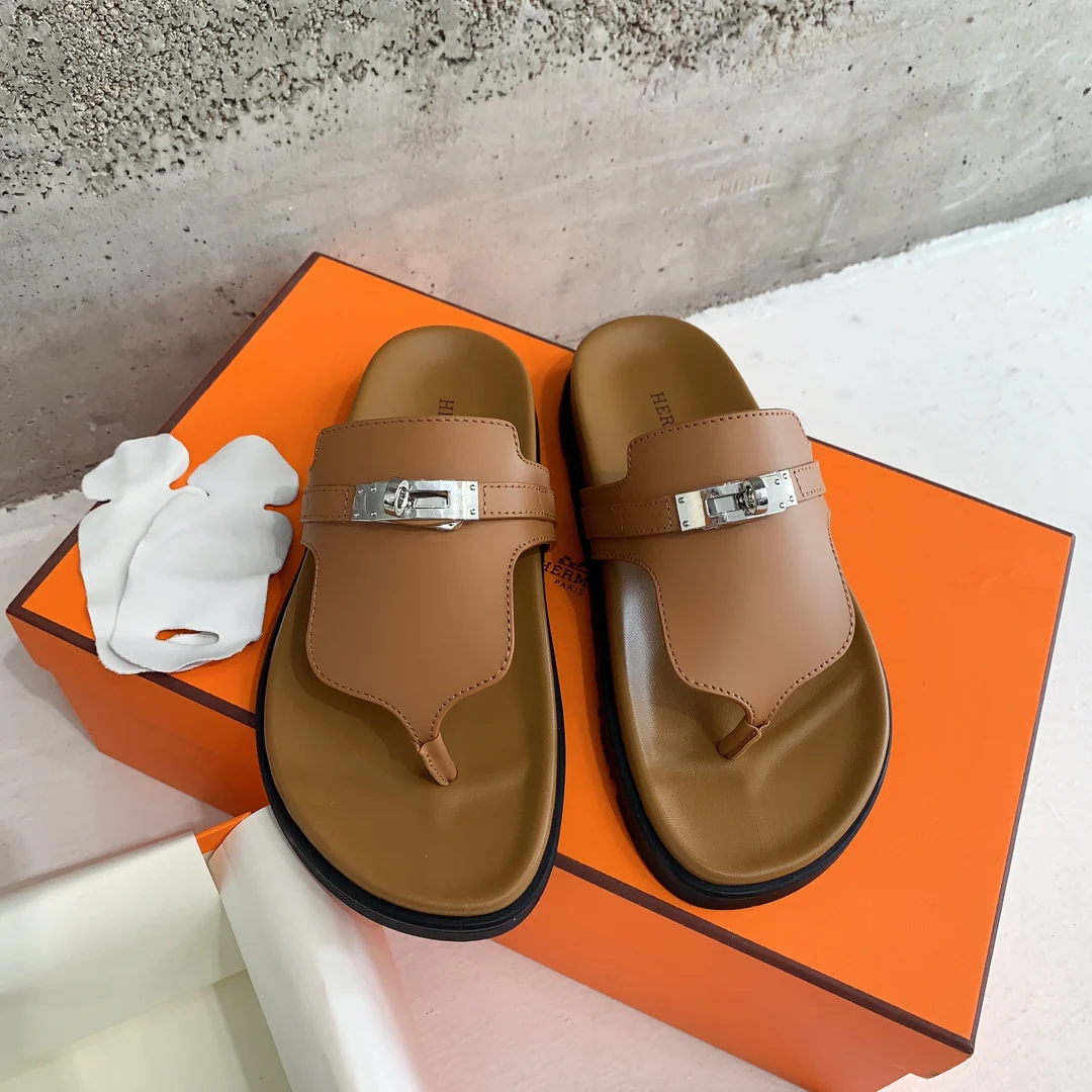 Шлёпанцы Hermes Kelly - верблюжий - 1