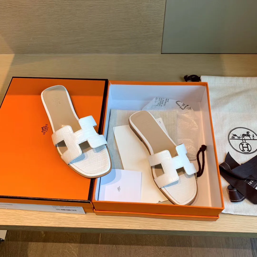 Классические тапочки Hermes H - белый с текстурой камня