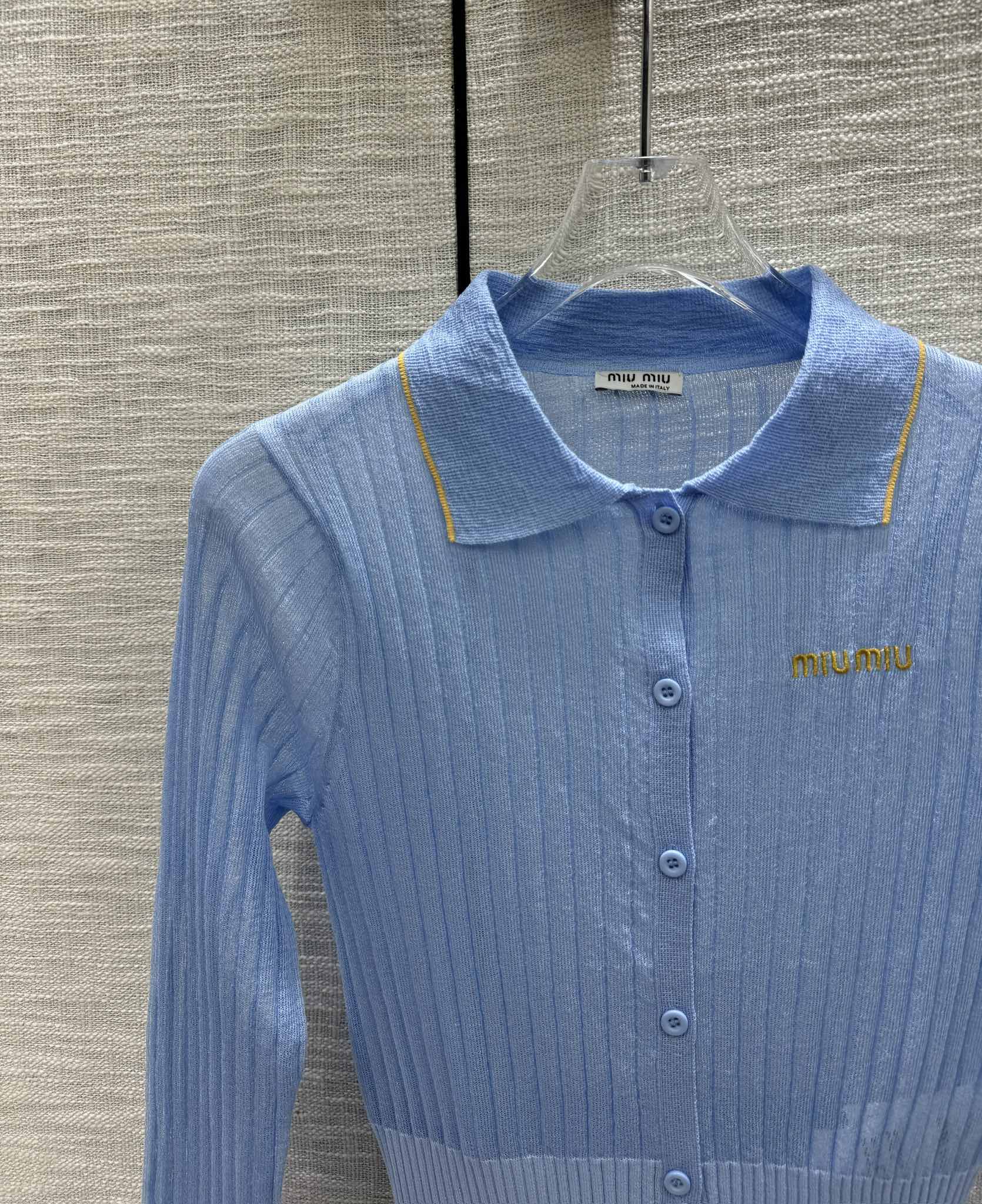 Miu Miu - 2404 - Вязаный кардиган с длинными рукавами и воротником-поло в стиле колор-блок - Синий