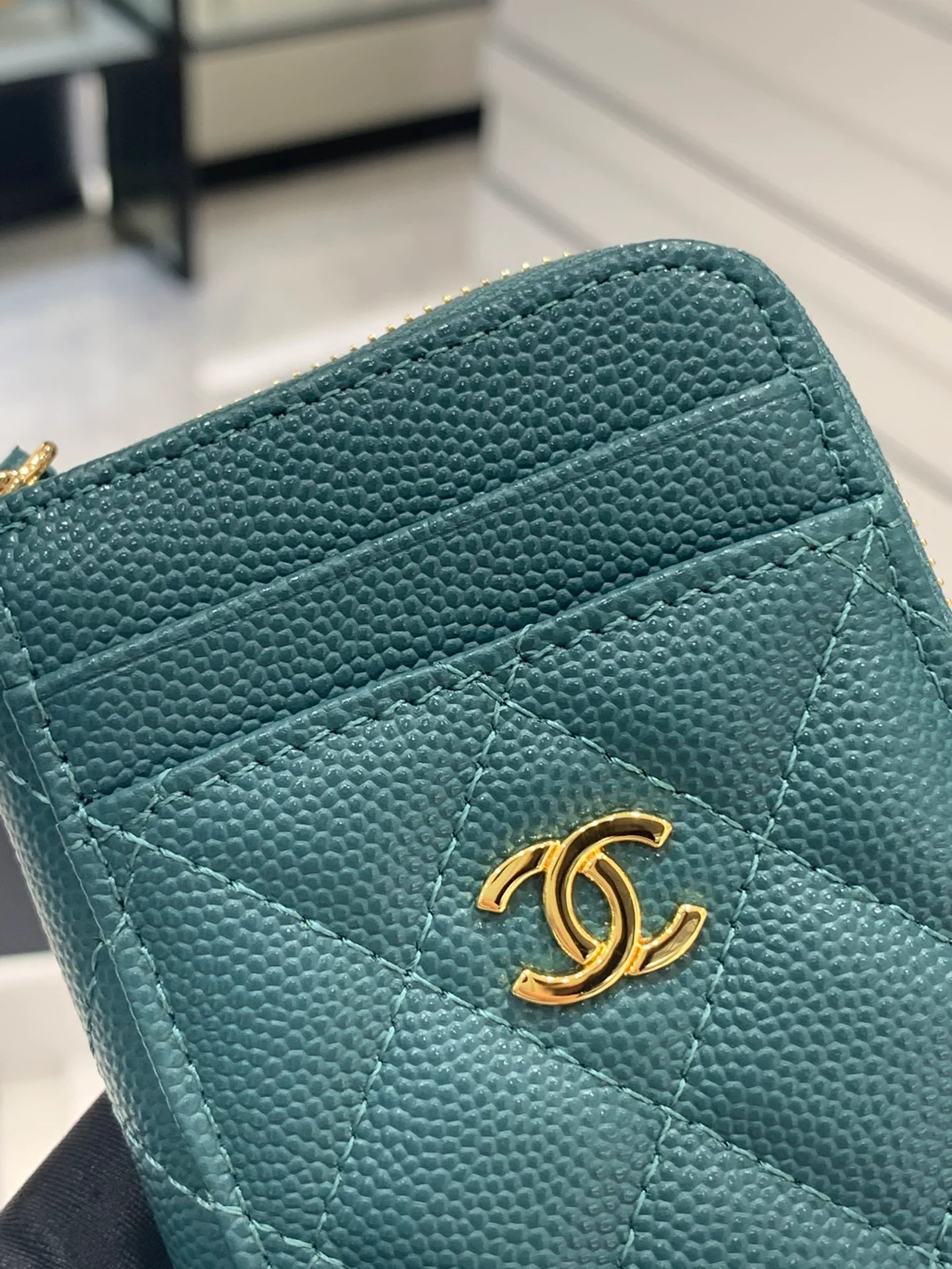 Chanel-菱格纹拉链卡包钱包 湖水绿