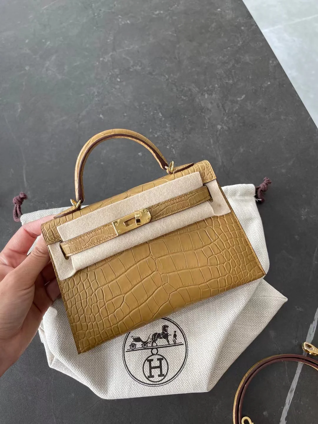 Сумка Hermes Kelly Mini 2-го поколения - матовая кожа аллигатора - крафт-бумага земляных тонов 2h - золотая пряжка