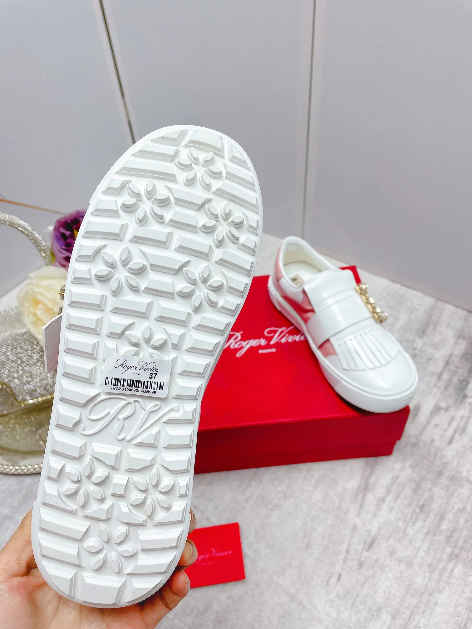 Обувь RV - Новинка весны/лета 2023 - Кроссовки с пряжкой и кисточкой из страз - Белые - Розовые