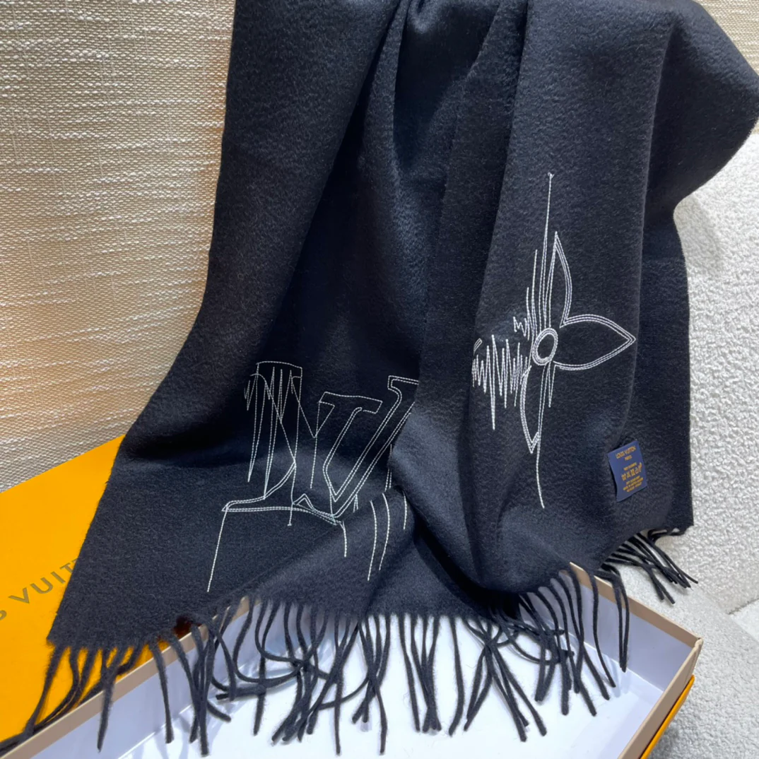 Вышитый шарф LV - 180 см - 35 см - 100% кашемир - черный