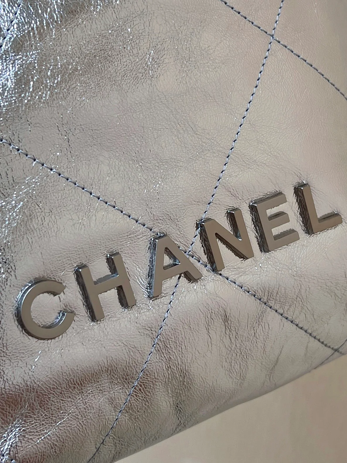 Chanel 25c 22bag mini metallic leather silver