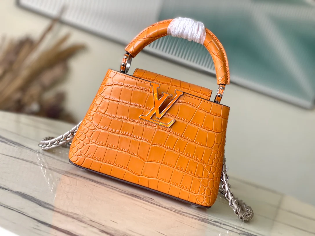 n48865-LV-capucines-bb сумка/сумка через плечо из глянцевой крокодиловой кожи оранжевого цвета, мини