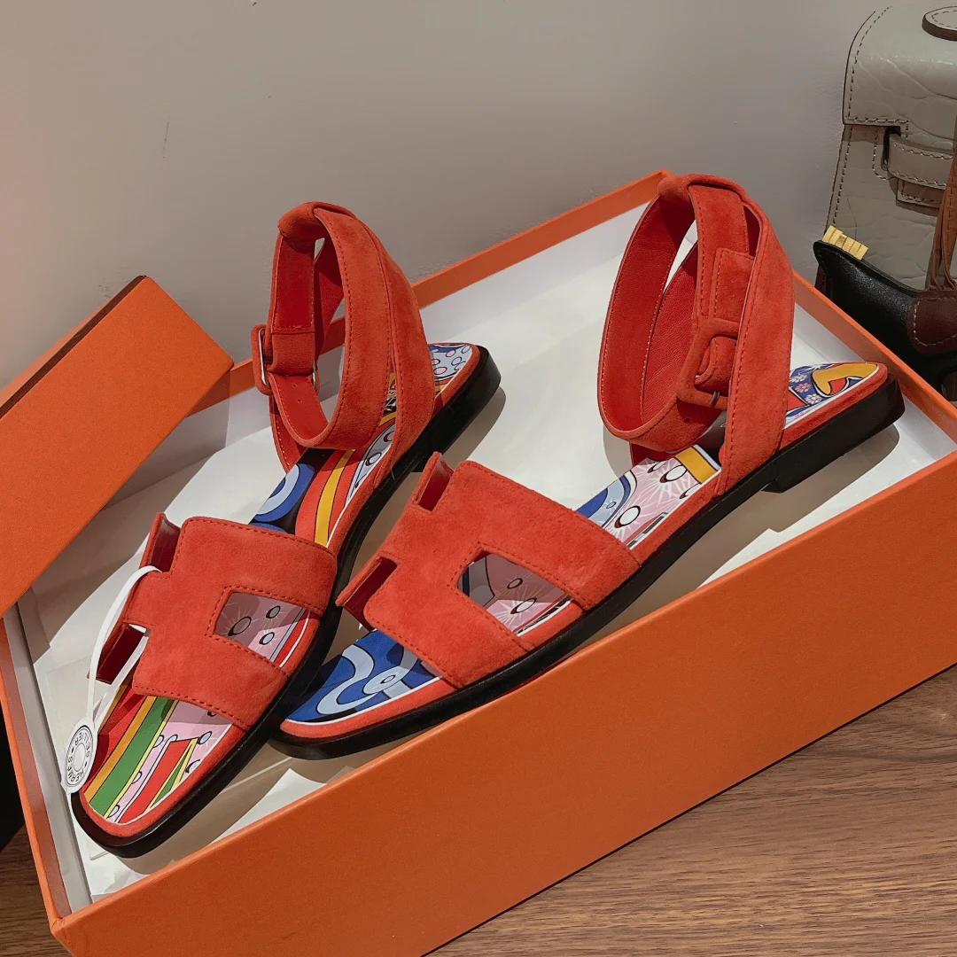 Коллекция Hermes Весна/Лето 2023 - Модные сандалии с шарфом для волос - Оранжевые