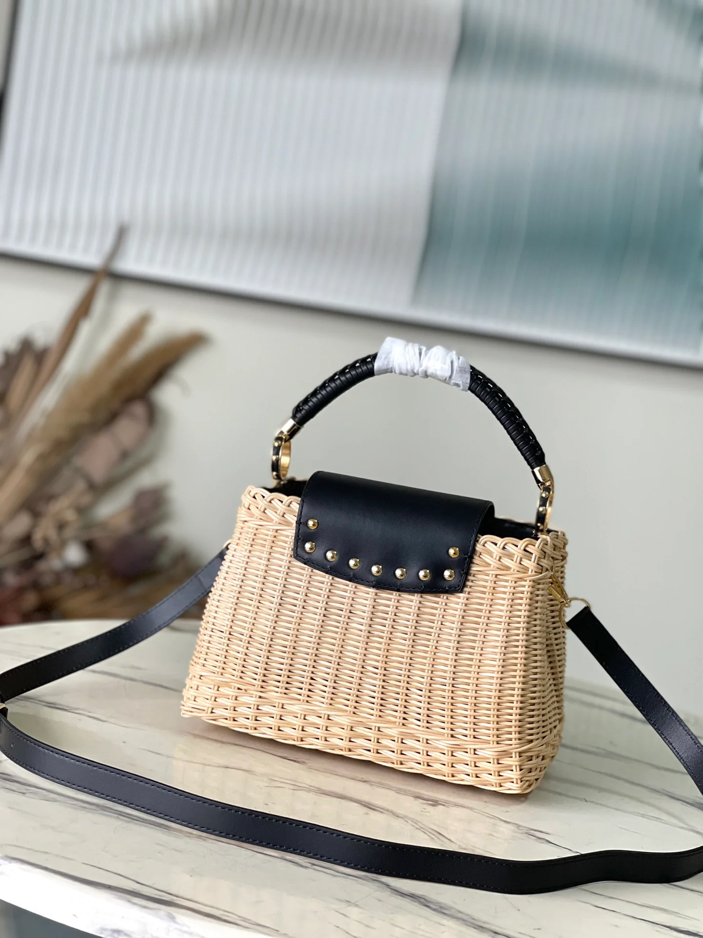 m22173-LV-Сумка через плечо в курортном стиле из бамбукового плетения - Черная