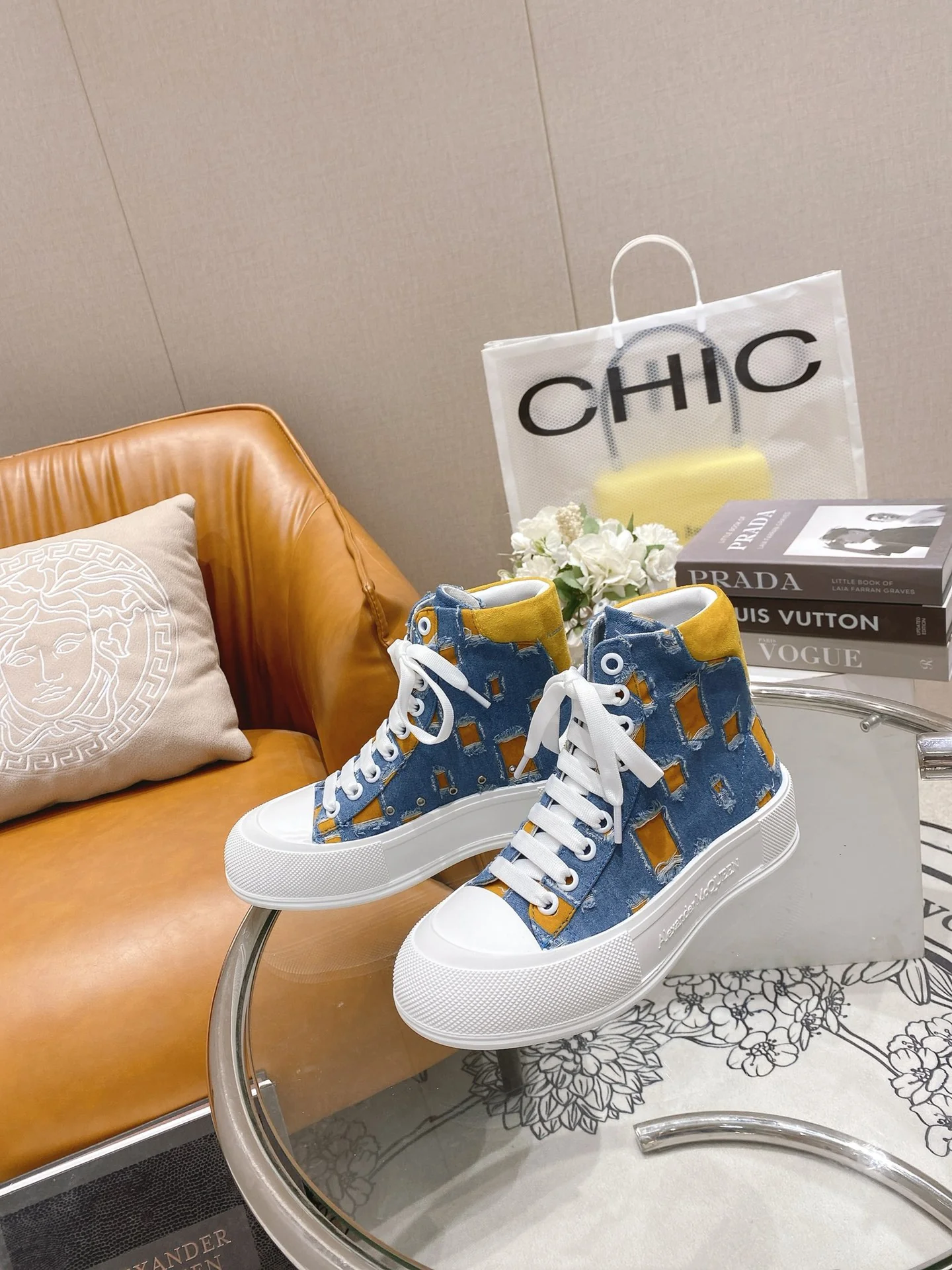 Кроссовки на платформе McQueen из парусины - джинсовый лоскутный дизайн - парный стиль