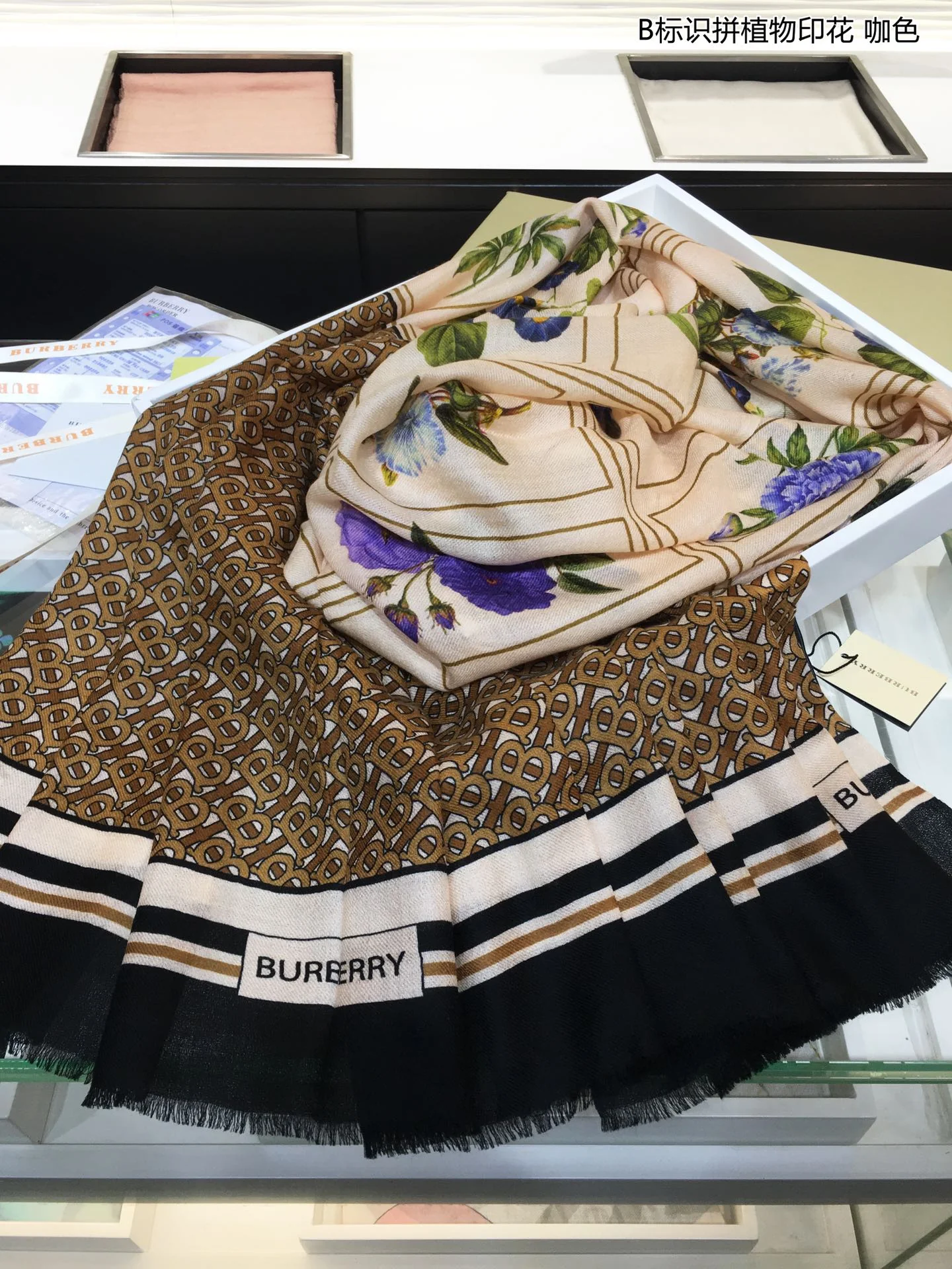 Кашемировый шарф Burberry TB с растительным принтом и логотипом - 110-200 см