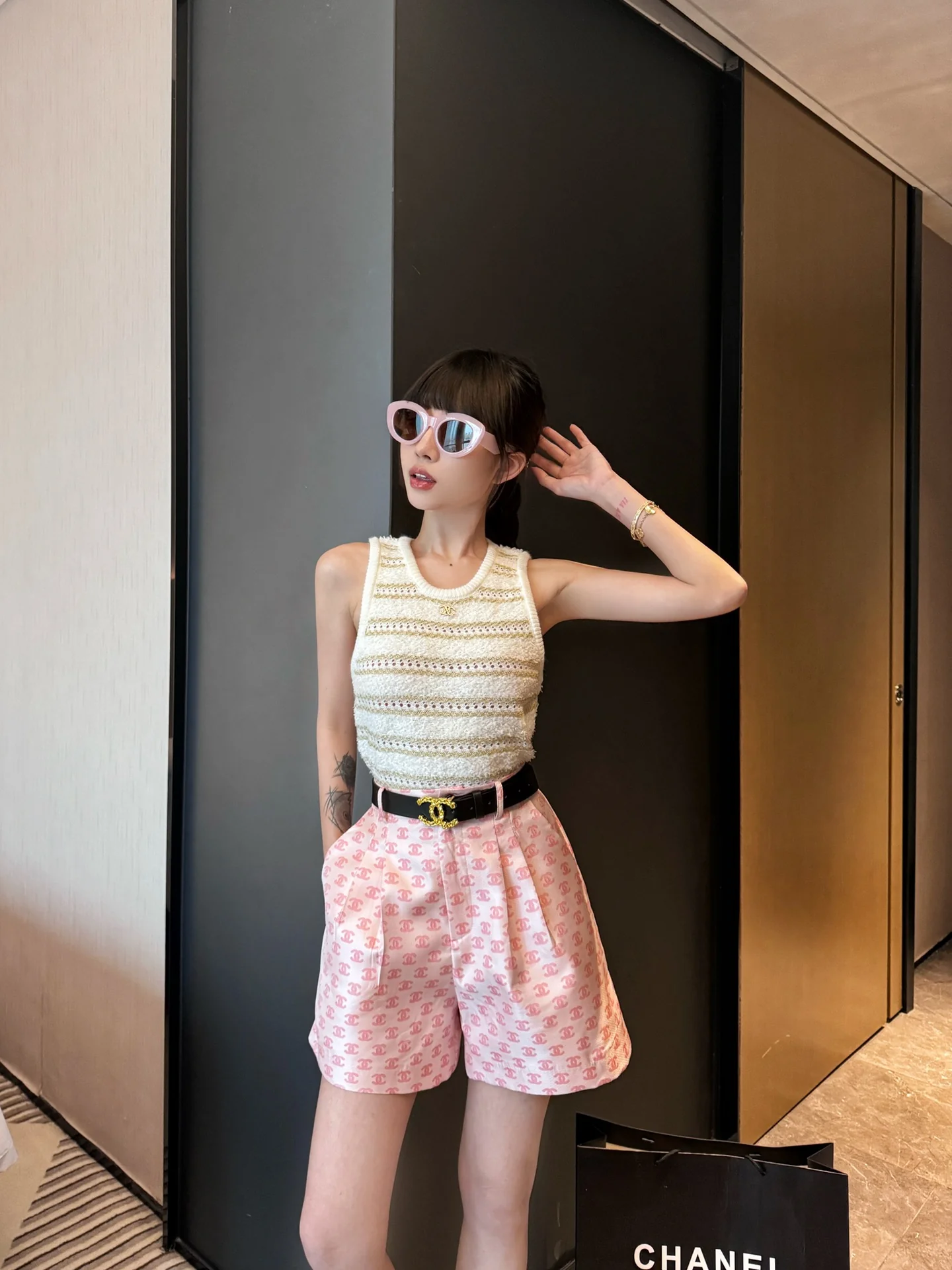 Классические жаккардовые шорты Chanel 2403 с буквенным рисунком - розовые