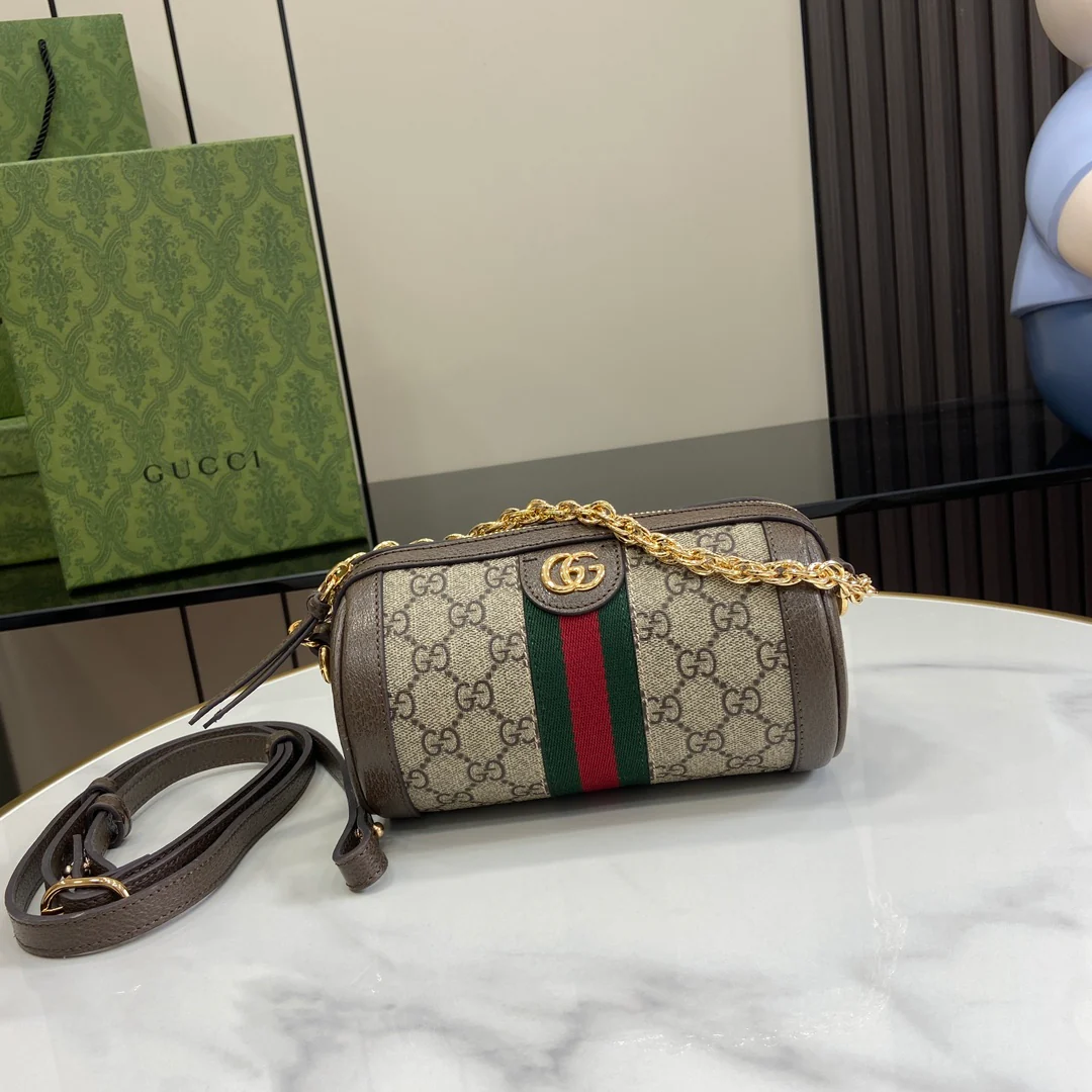 Миниатюрная цилиндрическая сумка Gucci Ophidia - коричневая отделка.