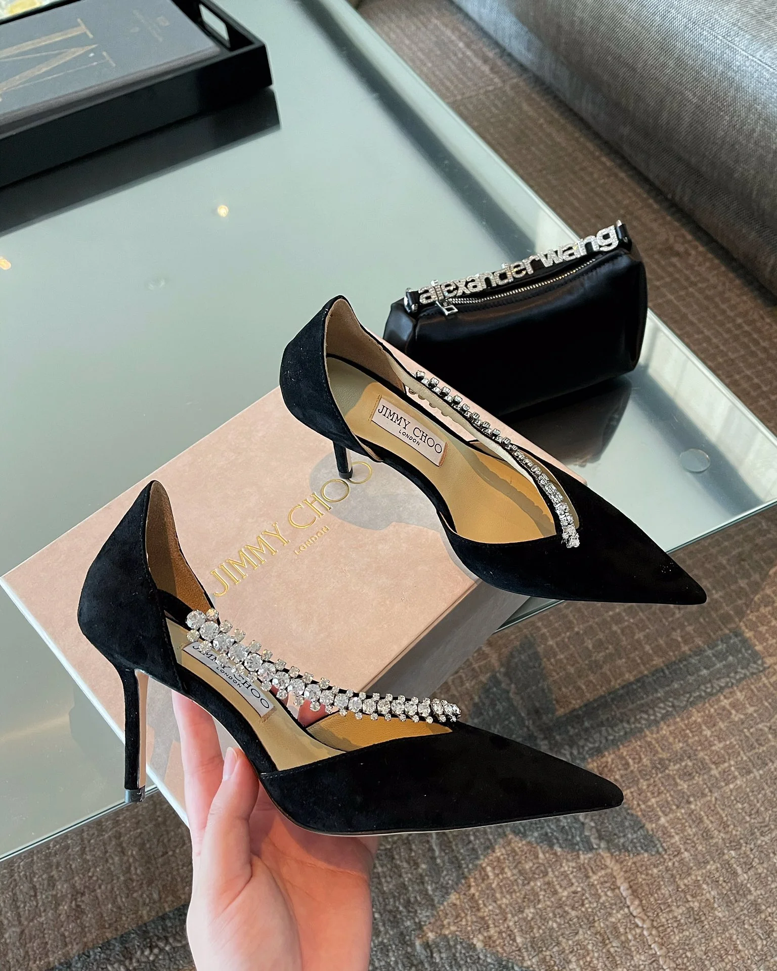 Туфли на высоком каблуке Jimmy Crystal Velvet в стиле Чо Чжа-хён - 8-5 см