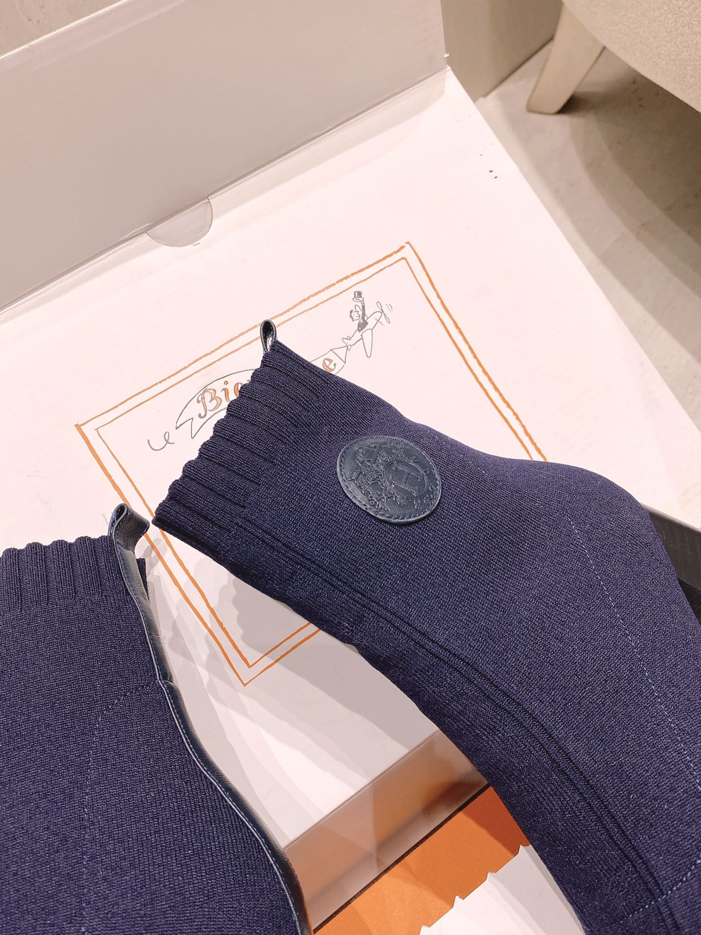 Ботинки-носки Hermes на толстом каблуке - темно-синие