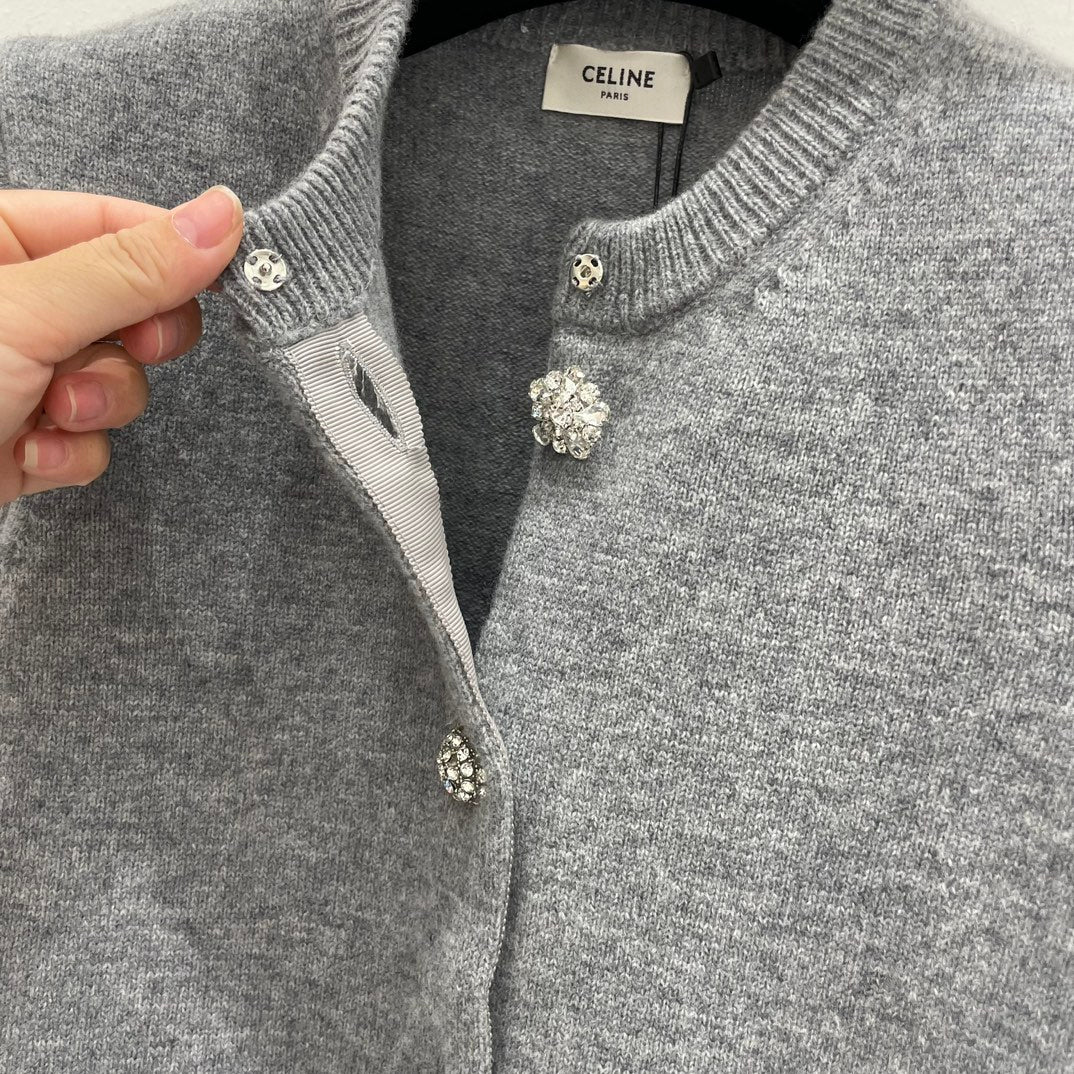 Вязаный свитер Celine 2403 с круглым вырезом, украшенный стразами, серый.