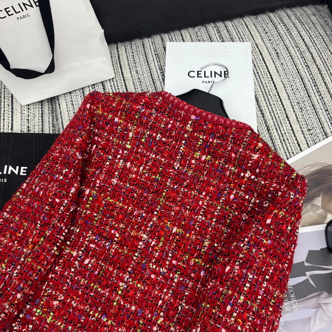 Celine - 2403 - Новая красная твидовая куртка для ранней весны 2024 года