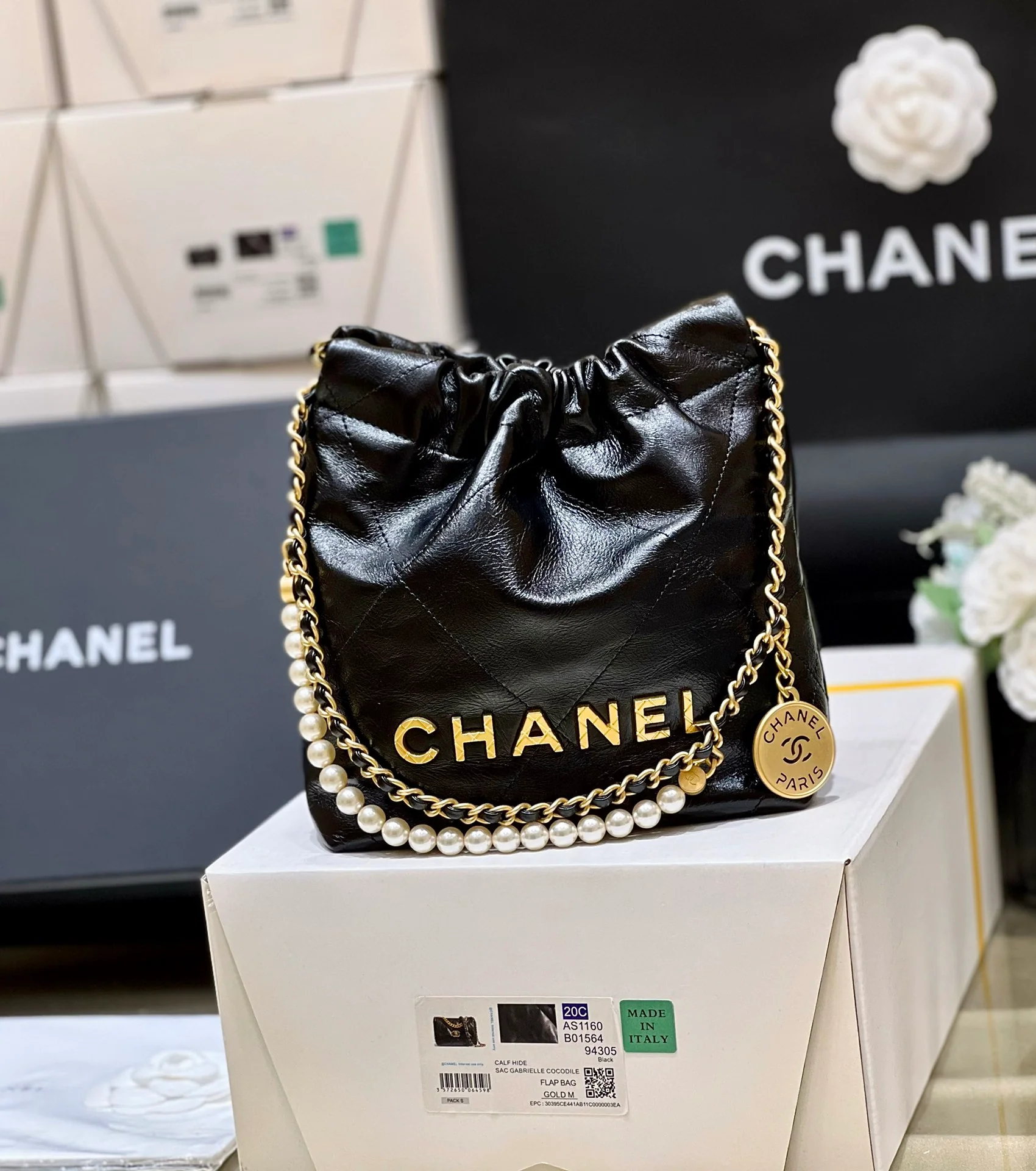 Сумка Chanel No. 22 - черная - двойная цепочка - жемчужная цепочка