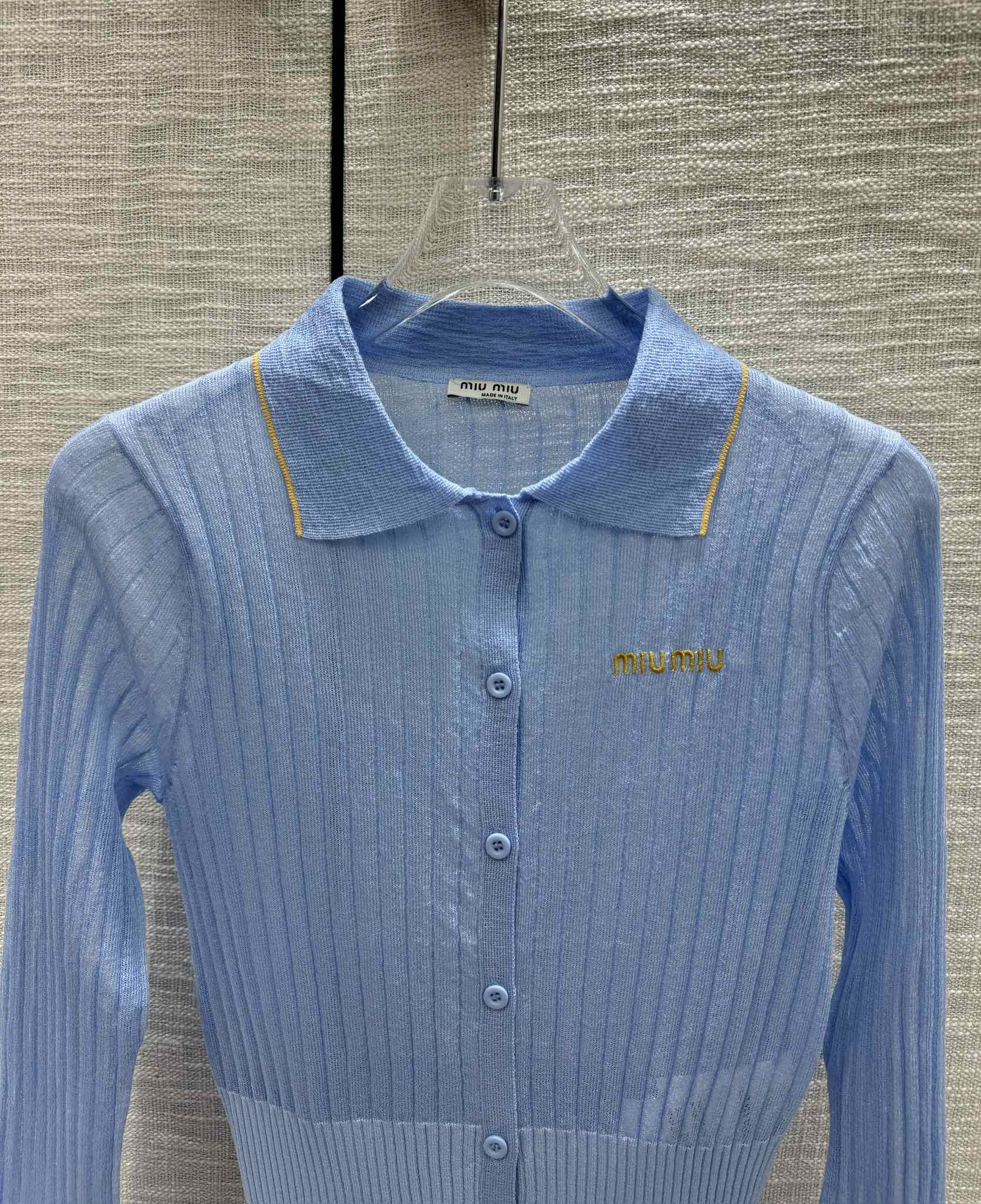 Miu Miu - 2404 - Вязаный кардиган с длинными рукавами и воротником-поло в стиле колор-блок - Синий