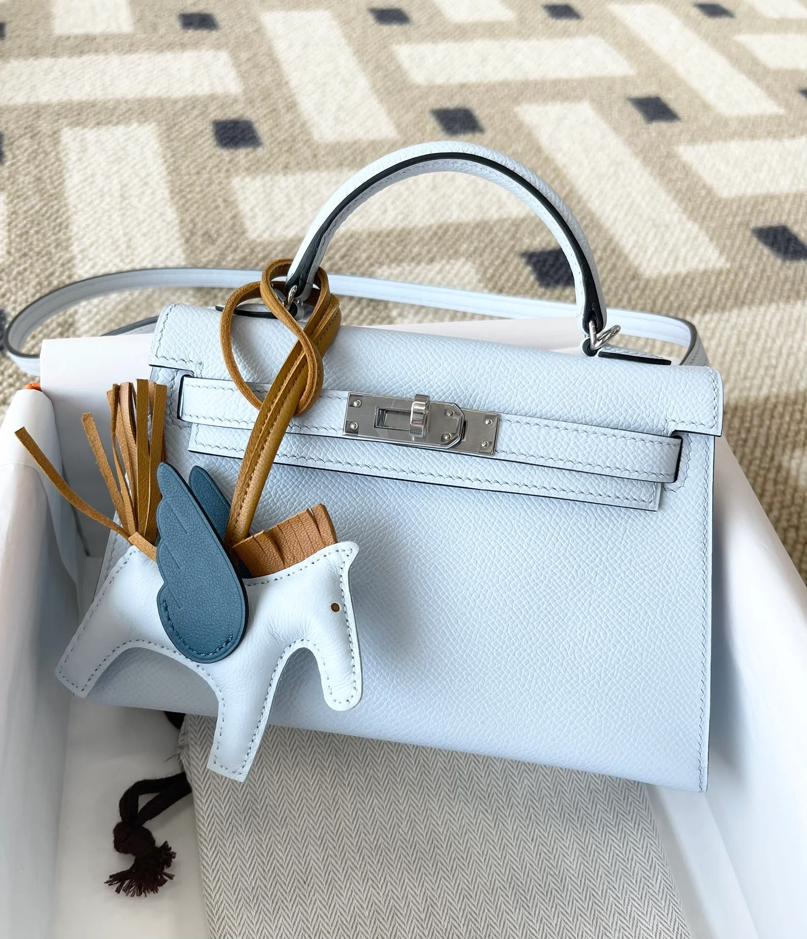Hermes Kelly Mini 2nd Generation Epsom T0 Haze Blue with Silver Buckle