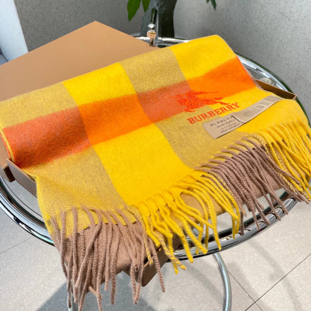 Классический кашемировый клетчатый шарф Burberry с узором ?водная рябь? — 32 см (180 см) — чистый кашемир — желтый