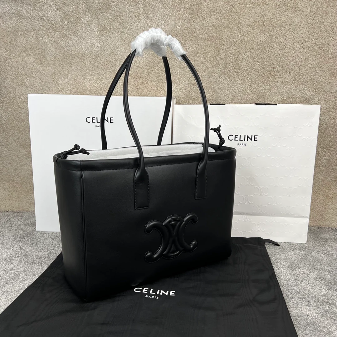 Сумка Celine Cabas Triomphe из гладкой кожи с завязками - черная