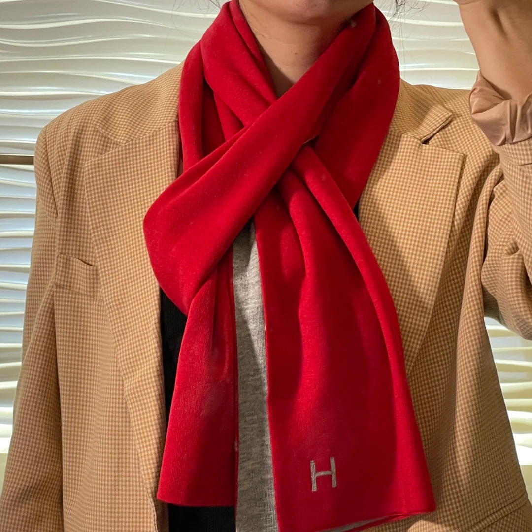 Вязаный кашемировый двусторонний шарф Hermes - 32 см - 180 см - красновато-серый