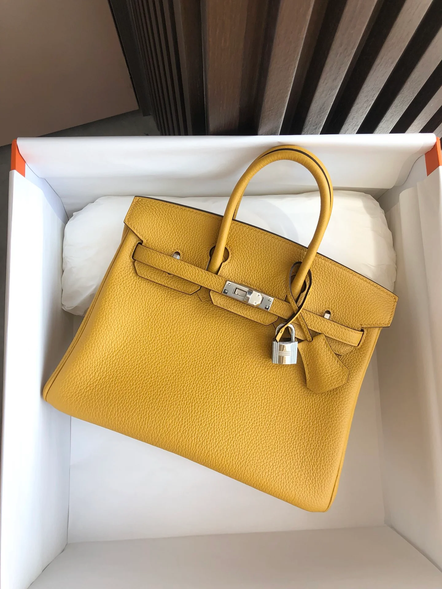 Hermes Kelly 25 Togo 9D Янтарно-желтая серебряная пряжка