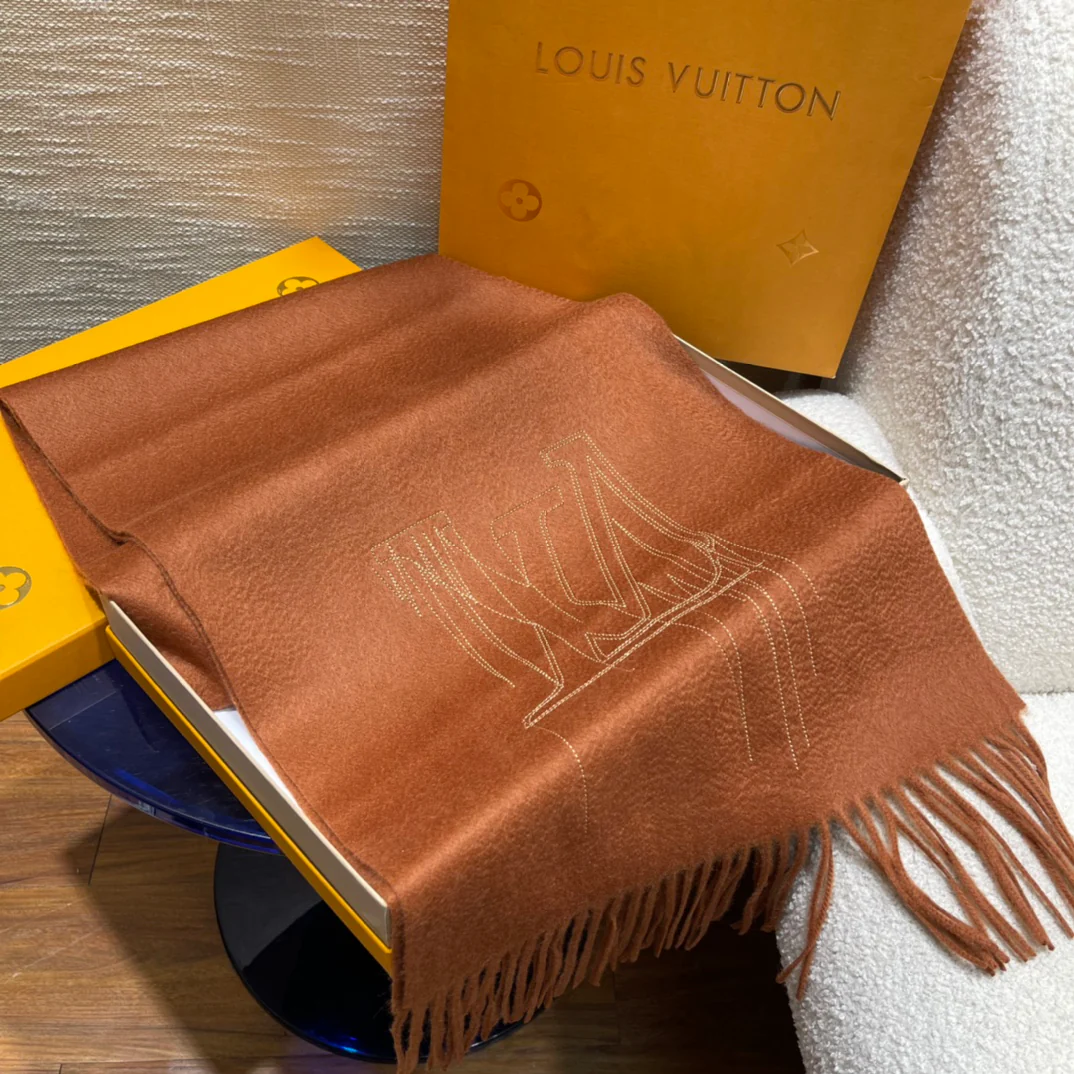 Вышитый шарф LV - 180 см - 35 см - 100% кашемир - верблюжий цвет