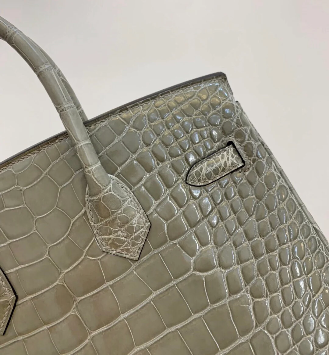 Сумка Hermes Birkin 81 — глянцевая, серая под крокодиловую кожу — серебряная пряжка