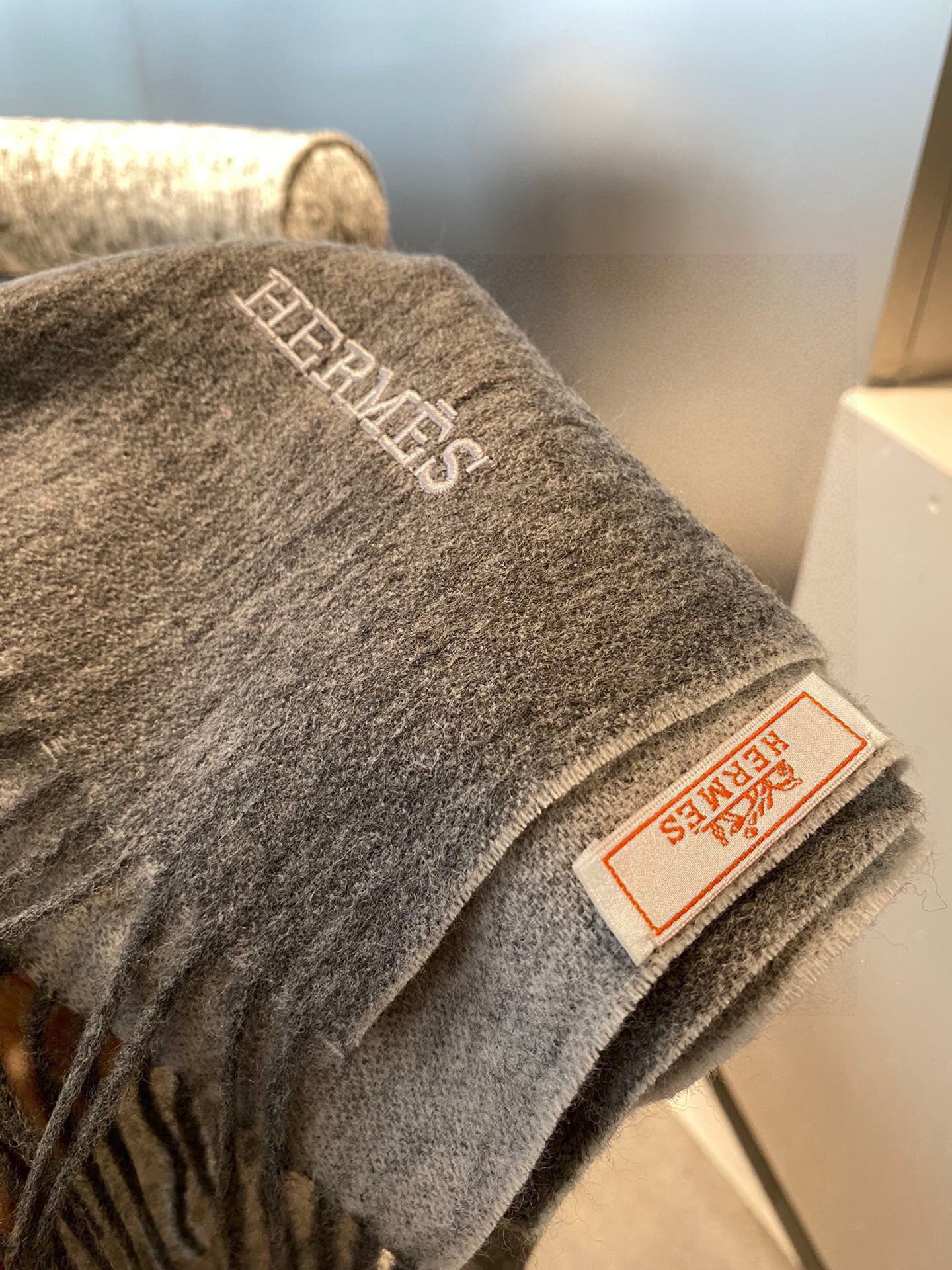 Двусторонняя кашемировая шаль/шарф Hermes - 210 см - серый