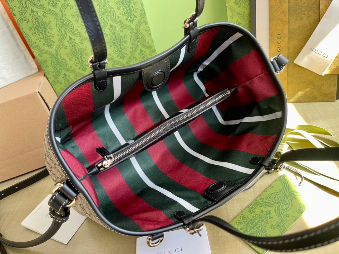 Маленькая сумка-тоут Gucci 2025 с отделкой из черной кожи - коричневая