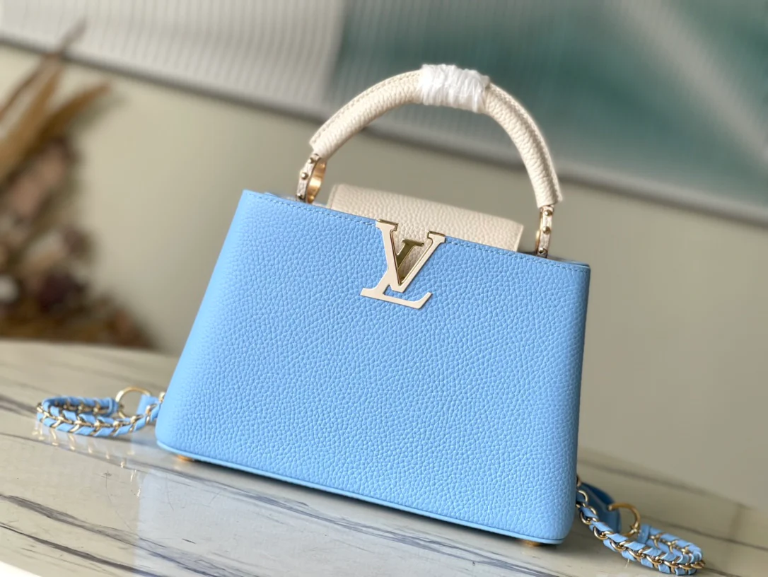 m21887-LV-Taurilon Leather-Capucines Handbag-Light Blue-Small Size