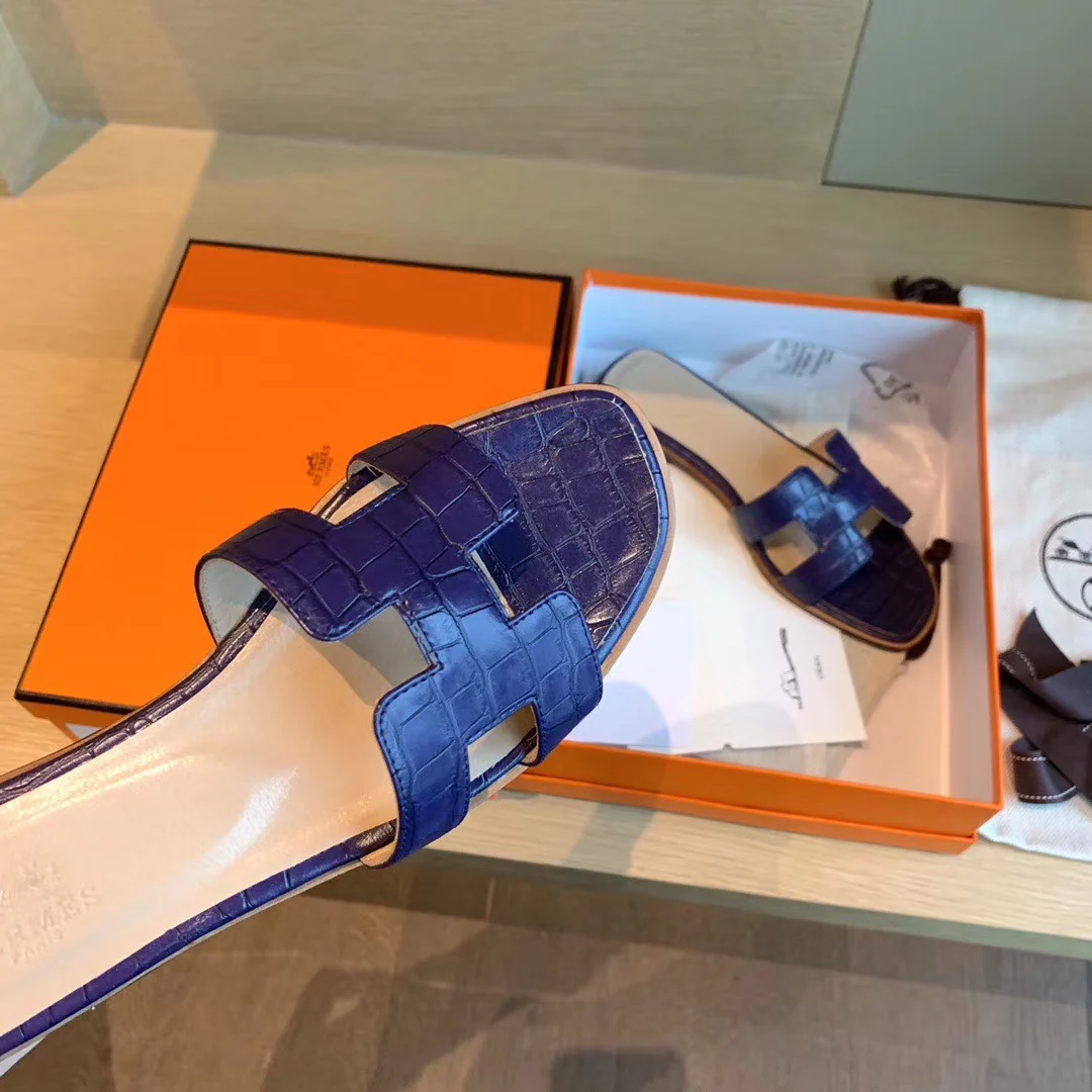 Классические тапочки Hermes с буквой H - Каменно-голубые