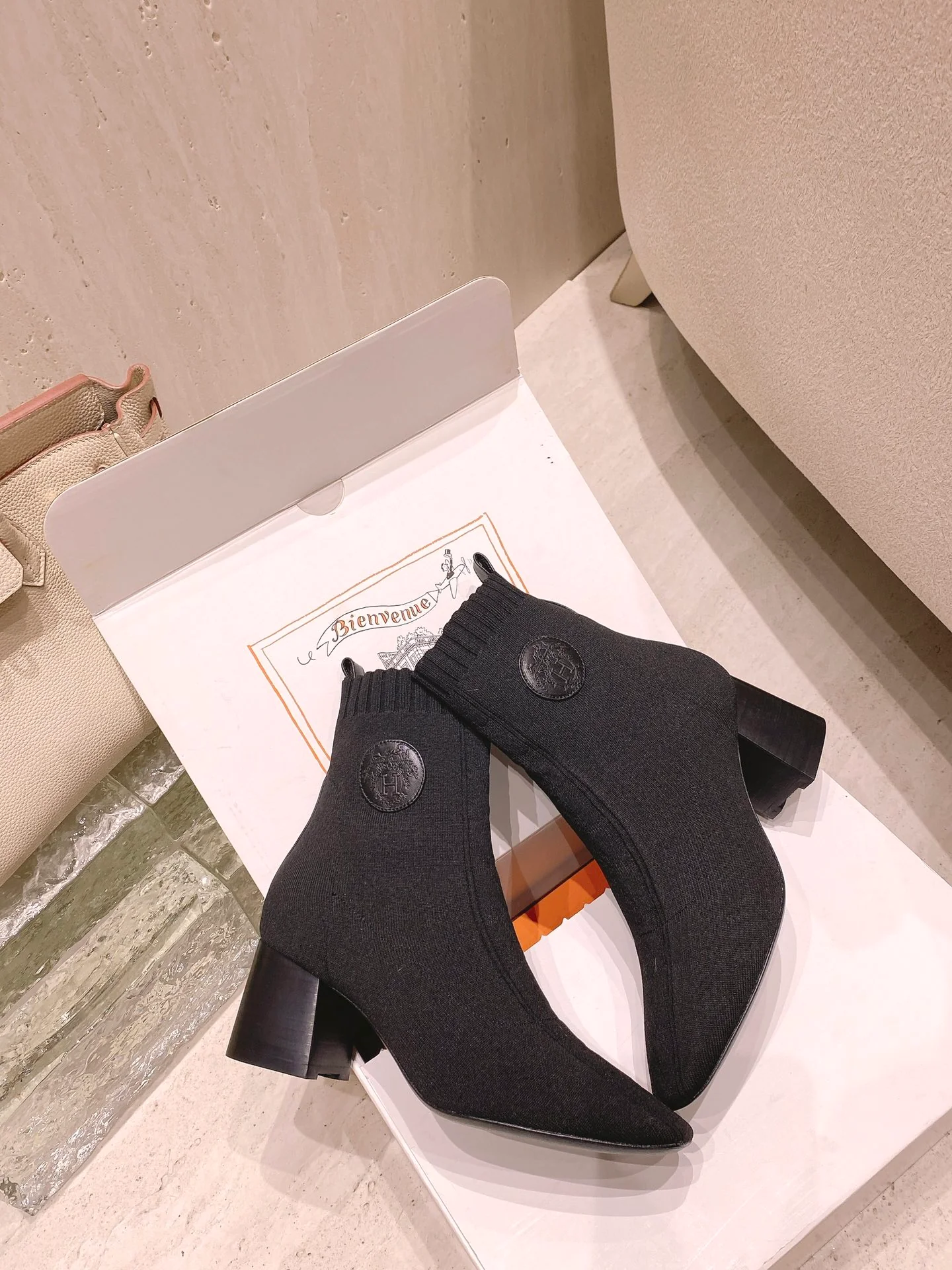 Ботинки-носки Hermes на толстом каблуке - черные