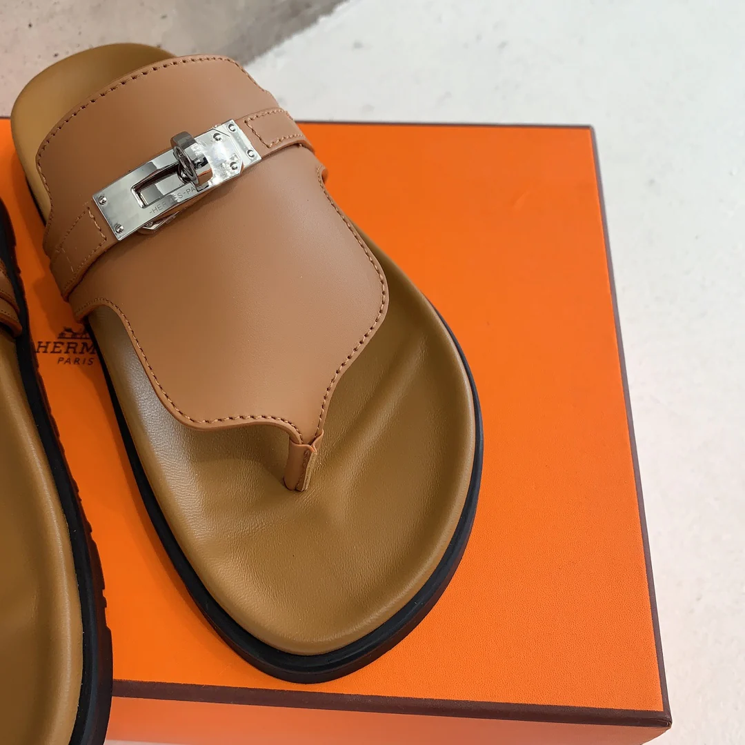 Шлёпанцы Hermes Kelly - верблюжий - 1