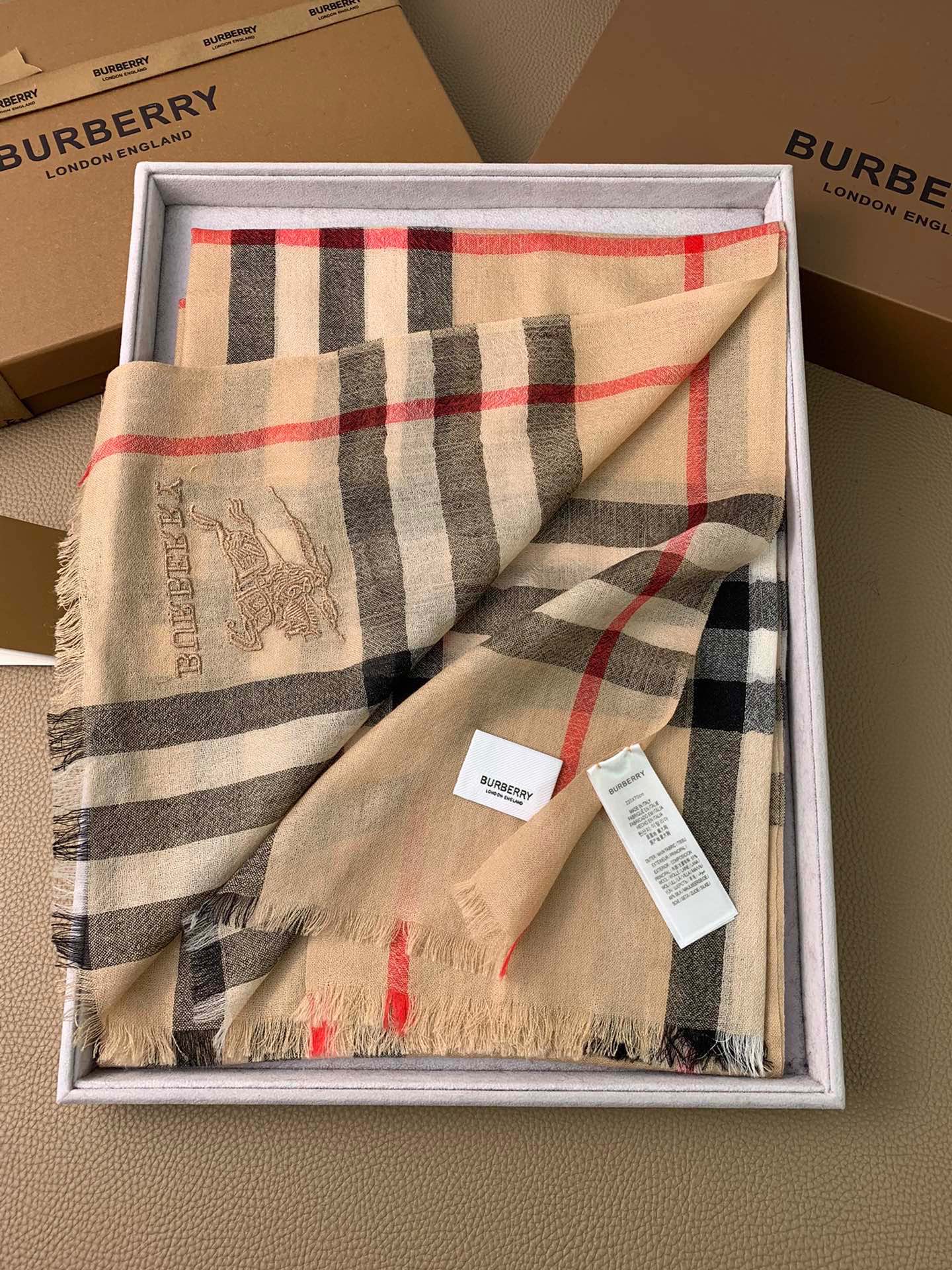 Кашемировый клетчатый шарф Burberry - Aquatic Cashmere, ультратонкий, 300 нитей - коричневый