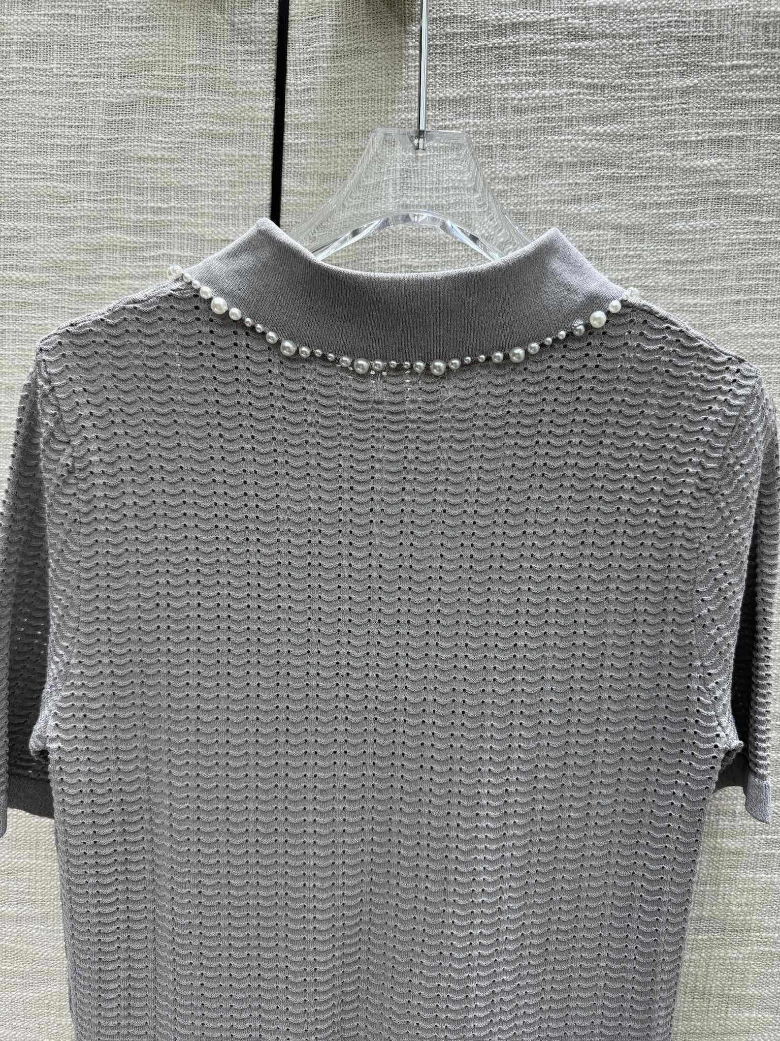 Miu Miu - 2404 - Трикотажная футболка с коротким рукавом и французским воротником-поло - Серая