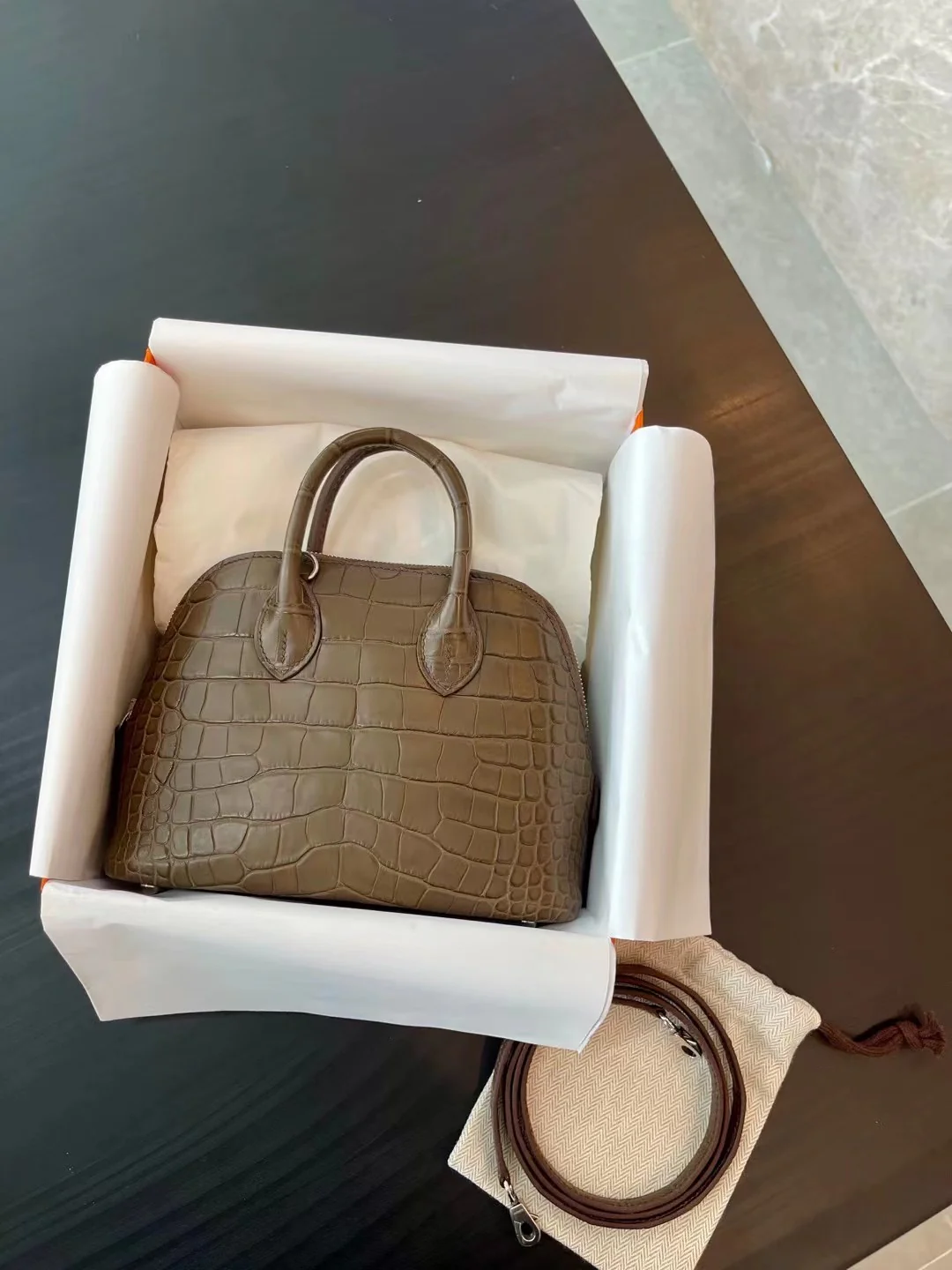 Hermes Bolide Mini Crocodile M1 Angelica Grey