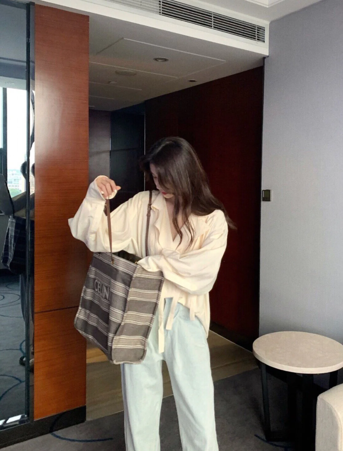 Celine - Квадратная сумка из полосатого жаккарда и телячьей кожи