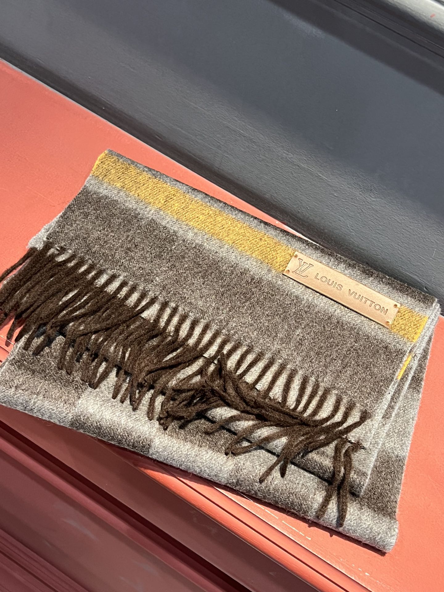 Двусторонний шарф LV Damier - 30 см (190 см) - с кисточками - 100% кашемир - темно-коричневый